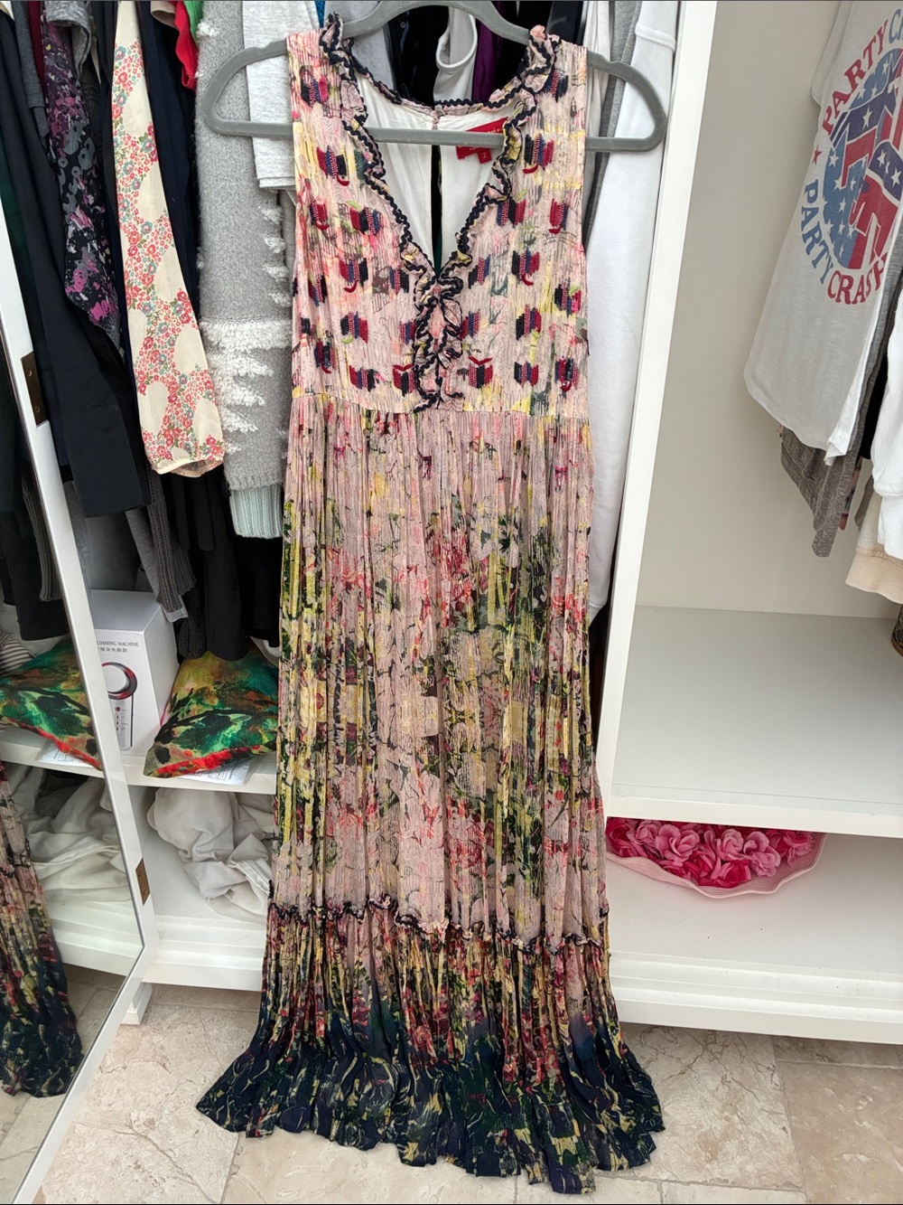 Anthropologie Bhanuni by Jyoti Floral Pleated Maxi Dress in Pink and Navy sz 2